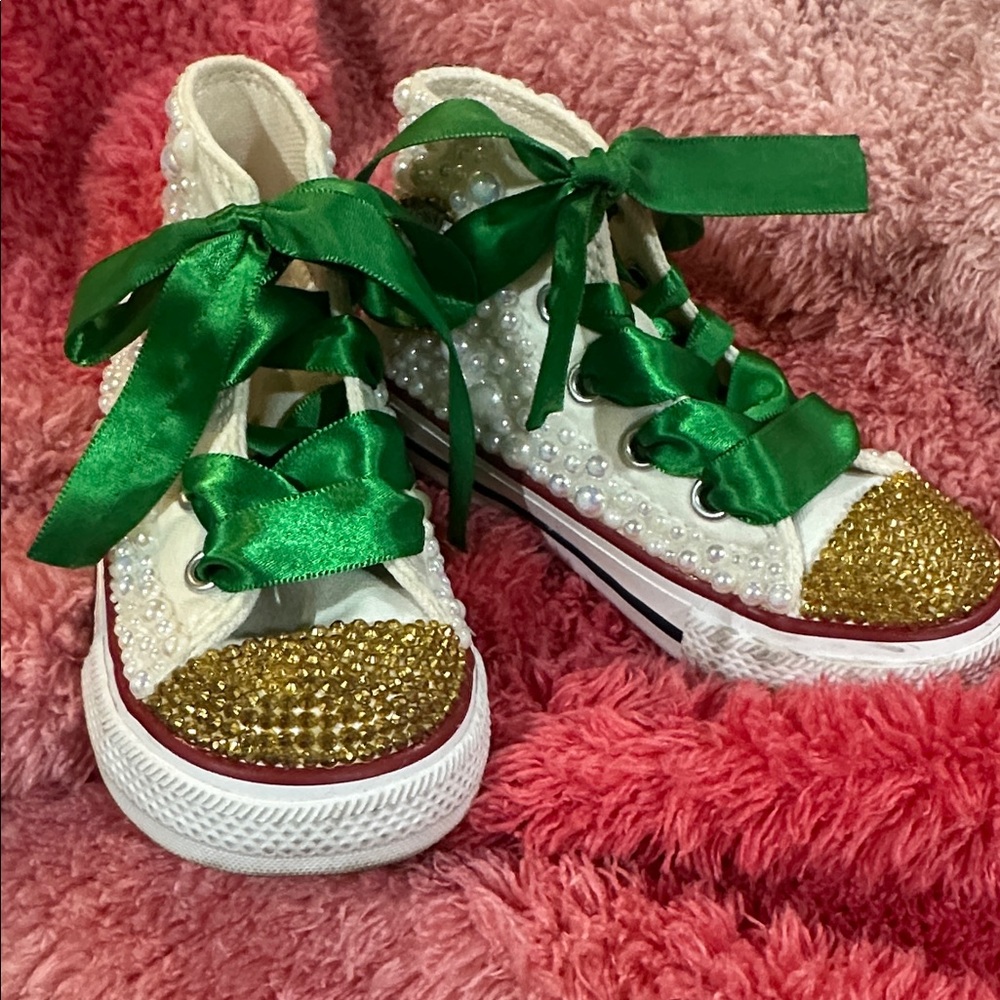 Converse, pearl and gold rhinestone, Green and Gold Embellished Sneakers.